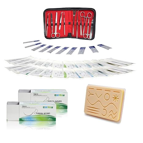 VSK1 Suture Kit |5X7 Suture Pad |24 Mixed Suture Thread W Needle (6 Nylon/6 Polyester/6 Polypropylene/6 Silk) |11 Pc Stainless Tools W 10 Blades (Educational&Training)