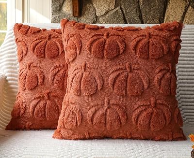 4TH Emotion Fall Pumpkin Decorative Pillow Covers 18x18 Set of 2, Rust Red Soft Plush Faux Fur Farmhouse Throw Cushion Cases for Autumn Thanksgiving Holiday Home Decorations