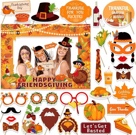 HOWAF 31pcs Friendsgiving Photo Booth Props Kit, Friends Happy Thanksgiving Party Selfie Props with Photo Frame for Turkey Day Give Thanks Party Friends Gathering Decorations