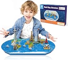 World Map 3D Puzzle - Fun Geography Game for Kids with 12 World of Wonders - DIY Model Building Kit - Cool Architecture Kit for Ages 6-12