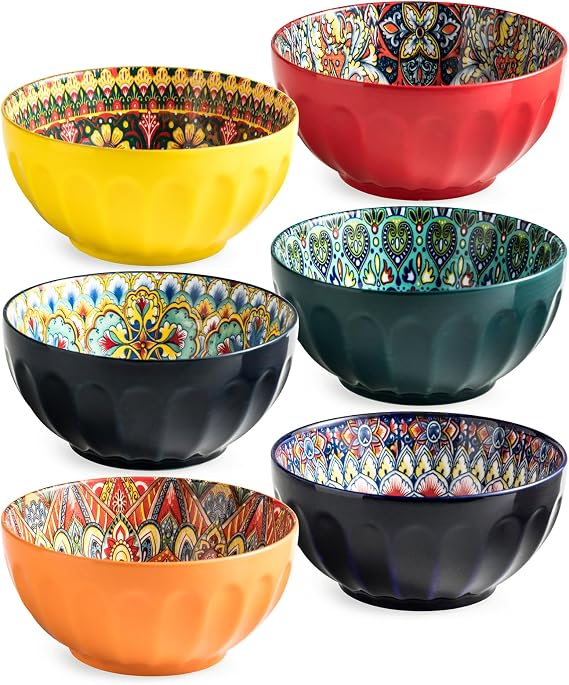 Cereal Bowls Set of 6, Bohemian Soup Bowls, 30 oz Colorful Ceramic Serving Bowls for Kitchen, Breakfast, Boho Decorative Bowl, Microwave Oven Safe Bowl for Salad, Pasta, Oatmeal