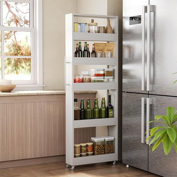 LITTLE TREE 63-Inch Slim Storage Cart on Wheels, 5-Tier Tall Narrow Mobile Shelf Organizer, Rolling Utility Cart with Metal Handle for Kitchen, Dining Room, Small Spaces, White