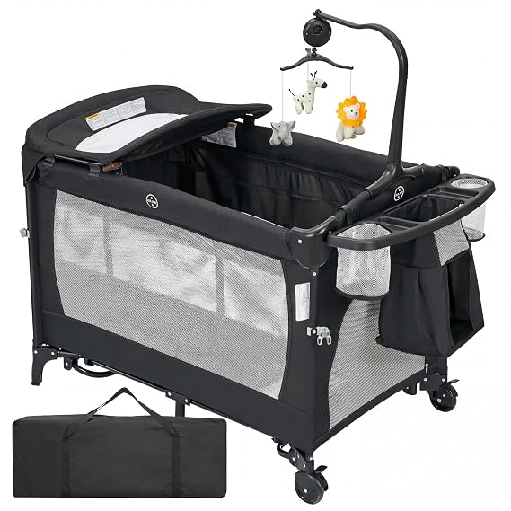 5-in-1 Playard for Babies and Toddlers with Bassinet, Changing Station, Portable Crib & Playpen | 360 Breathable Mesh, Firm Mattress & Tool-Free One-Hand Fold | Includes Storage Tray