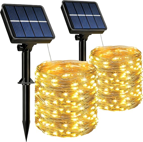 HeiPard 2 Pack Solar String Lights Outdoor, Total 20m 200 LED Solar Powered Fairy Lights Waterproof, 8 Modes Copper Wire Lights, Solar Garden Lights for Patio Balcony Fence Tree Party Yard [Energy Class E]
