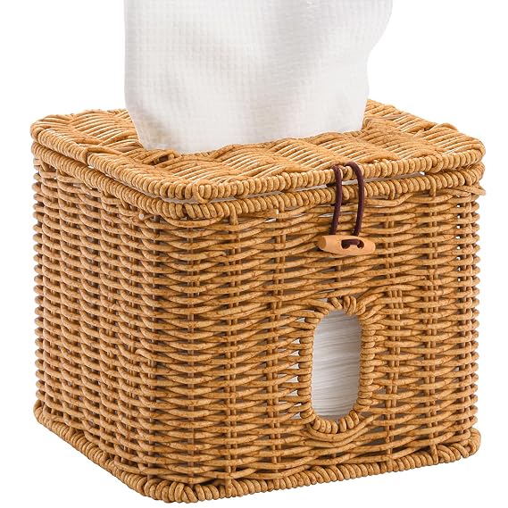 Facial Clean Skin Club Face Towels Holder for Bathroom, Plastic Rattan Disposable Face Towel Holder, Farmhouse Style for 50 XL Face Towels Box Basket with Lid, Light Brown