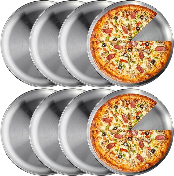 8 Pieces 12 Inch Pizza Pans Bulk Stainless Steel Sets Round Bakeware Pizza Trays for Oven Kitchen Baking Home Restaurant Safe Sturdy Reusable Easy Clean
