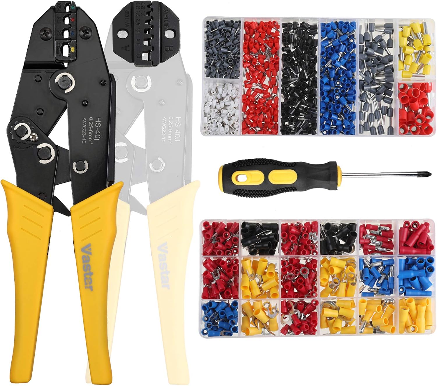 Vastar 2 in 1 Insulated Ratcheting Wire Terminals Crimper （AWG23-10,AWG23-7）- Crimper Plier Set with 2 Types of Insulated Bullet Butt Spade Fork Ring Crimp Terminals Connectors, with Screwdriver