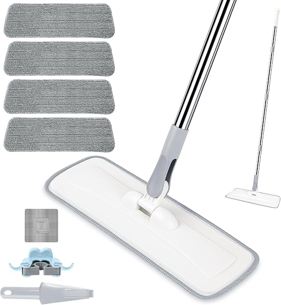 wlich Microfiber Floor Mop, 140CM Flat Wet Dry Dust Mop 4 Washable Pads