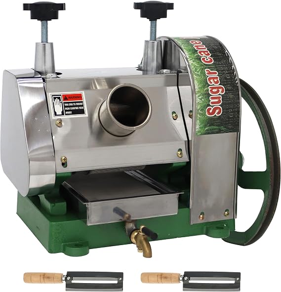 Manual Sugar Cane Juice Machine, 3 Rolls Stainless Steel Sugarcane Press Juicer Grinder, W/2 Peeling Knives and Large Crank, for Sugarcane Ginger Sweet Sorghum