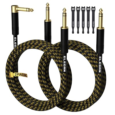 Elecan 14 Inch TRS Instrument Cable 15 Ft2 Pack-Right AngleStraight to Straight 6.35mm Male Jack Stereo Audio Interconnect Cord-Gold Plated-Braided-Balanced Line for Electric Guitar Bass 5 Ties