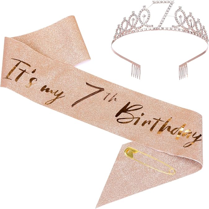 7th Birthday Sash and Tiara Set Rose Gold Birthday Sash Crown Birthday Party Favors Supplies for Birthday Party