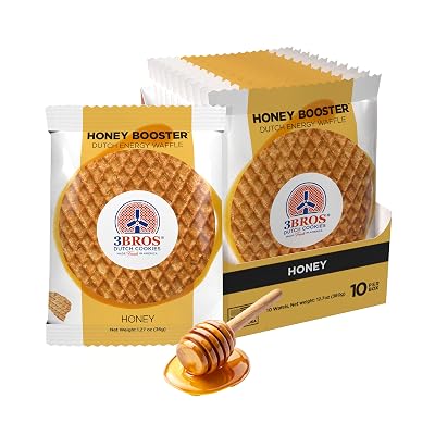 3Bros Honey Booster - Original Dutch Energy Waffle- Wafer Cookie - Individually Wrapped Honey Stroopwafels - Made Fresh in the USA - Box of 10