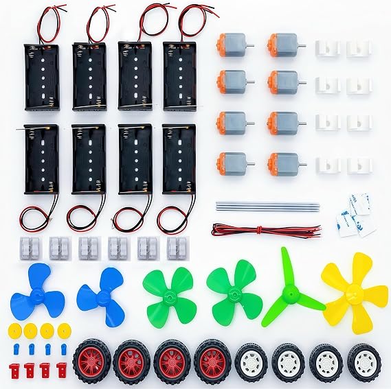 DC Motor Kit for Kids, 8 Set STEM Science Kit with Mini Electric Motors, Battery Holders, Propellers, Wheels, Gears and Connectors for DIY Experiments and School Projects