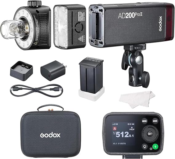 Godox AD200 Pro II Flash Strobe,HSS Pocket Camera Monolight 200Ws 5800K Bi-Color TTL 1/8000s with 2.4G Wireless X System,One-Tap Sync with X3,with Recharge Battery (AD200 AD200Pro Upgraded)