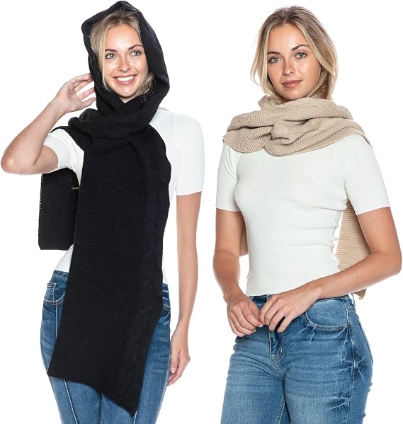 BASICO Hooded Scarf for Women, Cozy Balaclava Winter Scarves with Hoodie (2PK Black & Beige)