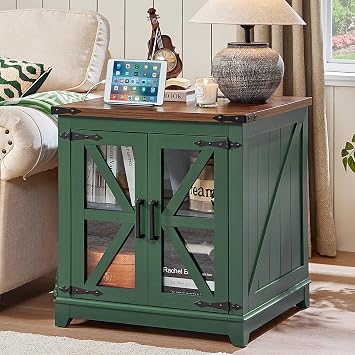Joaxswe Farmhouse End Table with Charging Station, 24" Large Sofa Side Table with Glass Barn Door, Green Nightstand with Adjustable Storage Shelf, Wood Square Bedside Table for Living Room, Bedroom