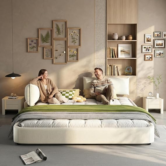 Cloud Bed Frame King with Adjustable Headboard,Soft Chenille King Size Upholstered Bed Frame,Modern Cloud Platform Design for Adults, Padded Cornerst,Strong Support Slats,Beige