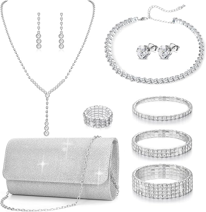 GIFIKOI 11 Pcs Silvery Clutch Purse Crystal Jewelry Set for Women Shiny Rhinestone Jewelry Accessories for Evening Party Bride Wedding