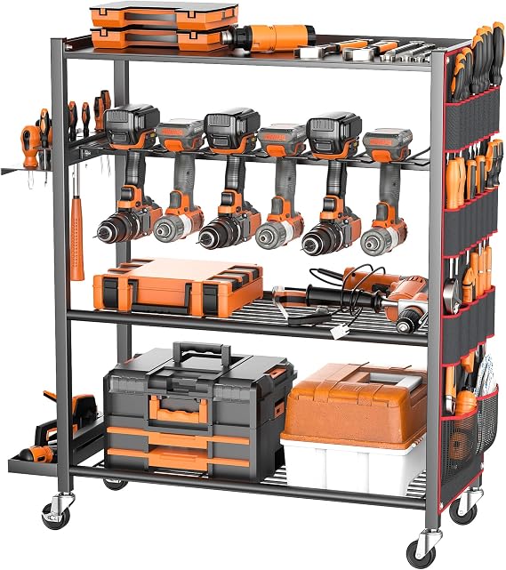 TORACK Rolling Power Tool Storage Cart, 4-Tier Large Drill Organizer with Slots for 12 Drills, Freestanding Cordless Tool Rack with Wheels for Garage & Workshop