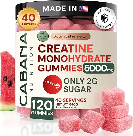 Creatine Monohydrate Gummies 5g - Only 2g Sugar, Made in USA - Sour Watermelon Flavor - Vegan & 3rd Party Tested - Pre & Post Workout Supplement for Women and Men (120 Count, 40 Servings)
