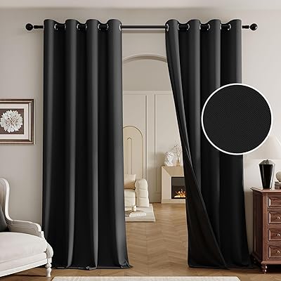 Beauoop 100% Blackout Curtains 96 Inch Long 2 Panels for Bedroom Living Room Black Linen Textured Room Darkening Thermal Insulated Soundproof Grommet Top Window Treatment Drapes,52x96, 2 Set