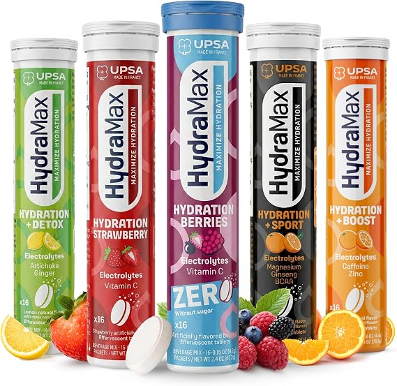 Upsa HydraMax Hydration Tablets Variety Bundle Electrolyte Drink Mix with Vitamin C & 4 Electrolytes Daily, Sport, Detox & Energy Support Mixed Flavors 16 Tablets (5 Pack)