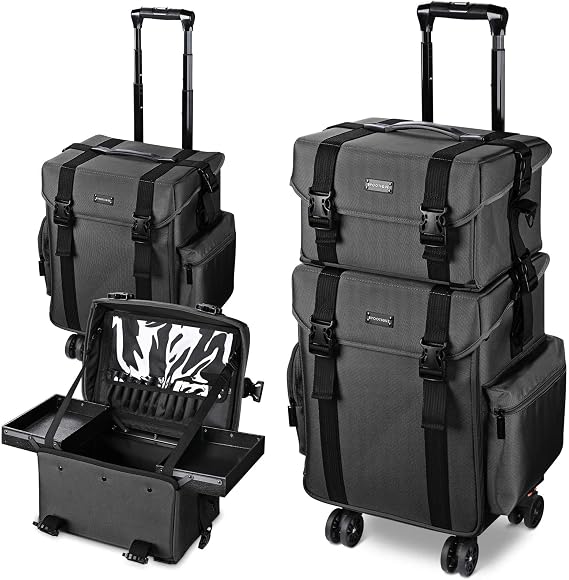 BYOOTIQUE 2in1 Soft Sided Rolling Makeup Train Case Trolley Freelance, Classic Black, 2 Piece Set, Large | Makeup Artist Cosmetic Organize Storage Travel Case with Wheels