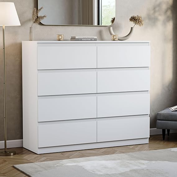 Vida Designs Denver 8 Drawer Chest of Drawers | White | Space-Saving Storage | 95.5H x 120W x 40D cm | Smooth Metal Runner | Engineered Wood | Modern Bedroom Chest of Drawers Unit