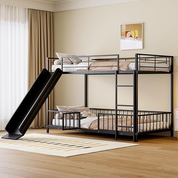 Bellemave Twin Over Twin Bunk Bed with Slide and Ladder, Metal Low Bunk Bed for Kids, Girls, Boys, Removable Fence, with Door, Black