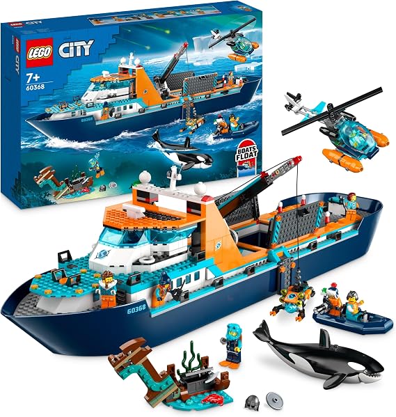 LEGO City Arctic Explorer Ship, Large Toy Boat that Floats with a Helicopter, Dinghy, Sub, Viking Shipwreck, 7 Minifigures and an Orca Figure, Gift for 7+ Year Old Kids, Boys, Girls 60368 | Floating Toy Boat, Helicopter, Sub & 7 Minifigures plus Orca Figure, Gift for 7+ Year Old Boys & Girls, 815 Pieces