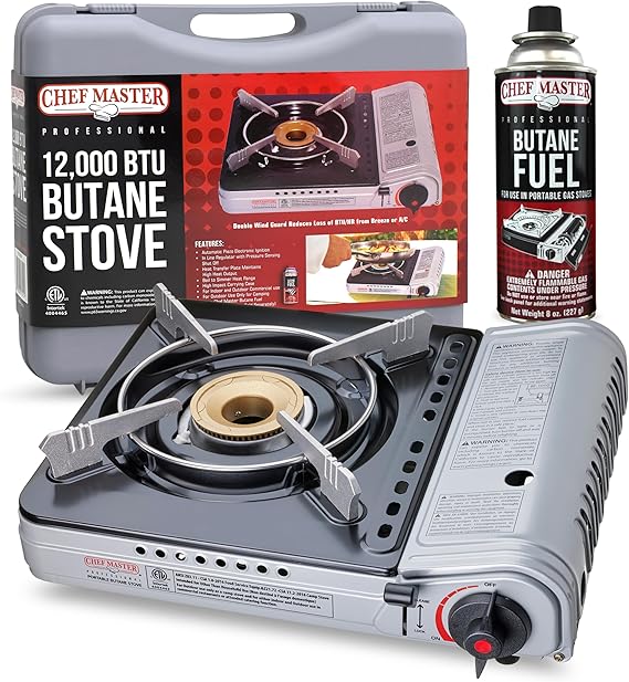 Chef Master 12,000 BTU Portable Butane Stove - Gas Burner for Camping & Outdoor Cooking - Countertop Cooktop with Carry Case, Wind Guard & Electronic Ignition - Portable Cooker & Burner Stove 90235