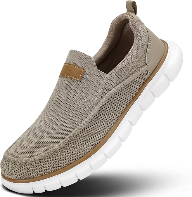 Mens Casual Slip On Loafers Boat Shoes Fashion Mesh Lightweight Oxfords Walking Slip in Sneakers Workout Soft Sole Khaki