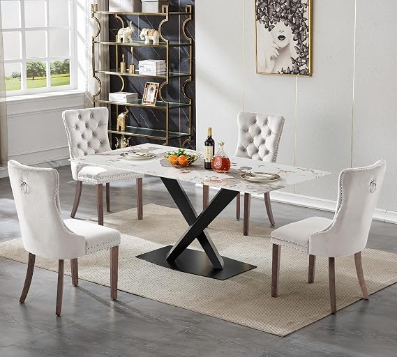 70" White Black Faux Marble Dining Table Set for 4, 5-Piece Rectangle Modern Kitchen Dining Room Table Set with Cross-Shaped Carbon Steel Legs and 4 Beige Velvet Upholstered Chairs