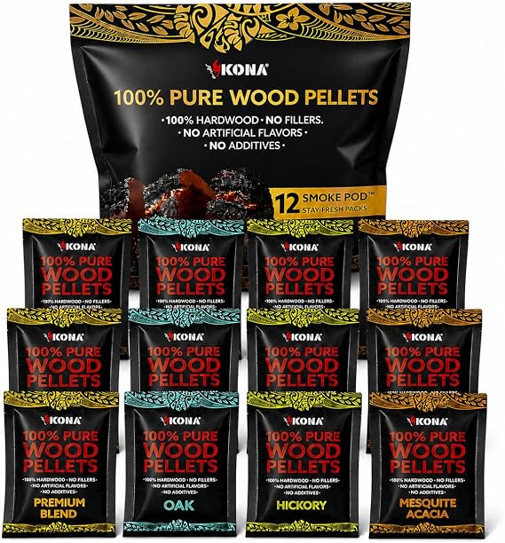 Kona Wood Pellet Smoke Pods, 12 Pouches - Intended for Ninja Woodfire | 12 sealed single-session pods, 4 flavors: Oak, Hickory, Mesquite Acacia, Premium Blend, for Ninja Woodfire grills