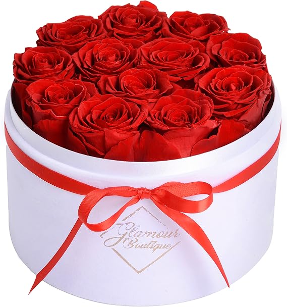 GLAMOUR BOUTIQUE Flowers Forever Gift Box, 12 Real Preserved Roses in Velvet Box, Floral Gift for Her, Mom or Wife for Birthday, Mothers Day, Anniversary or Graduation, Red (Color-Treated)
