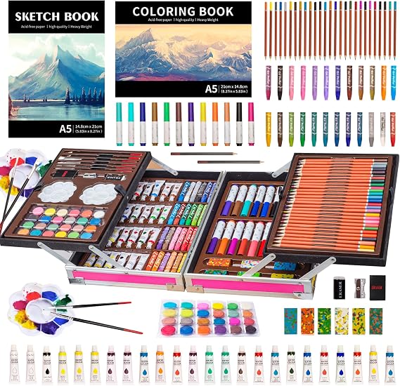 KINSPORY Art Set, 139 Pack Painting Drawing Art Supplies Kit with 2 Sketch Pads, Double Layers Art Crafts, Colored Pencils, Oil Pastels, Watercolor Paints, Aluminum Gift Case for Artists Kids (Pink)