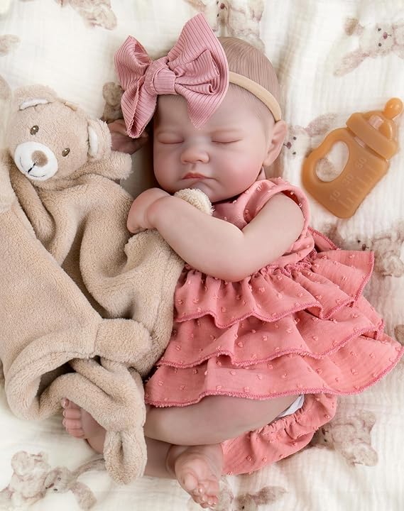 Aori Realistic Reborn Baby Dolls 20-Inch Sleeping Baby Girl in Mauve Dress