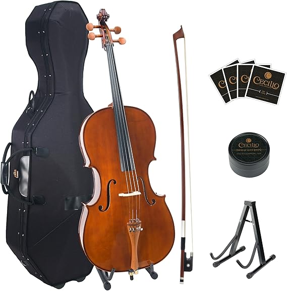 Cecilio CCO-300 Solid Wood Cello with Hard & Soft Case, Stand, Bow, Rosin, Bridge and Extra Set of Strings, Size 4/4 (Full Size)