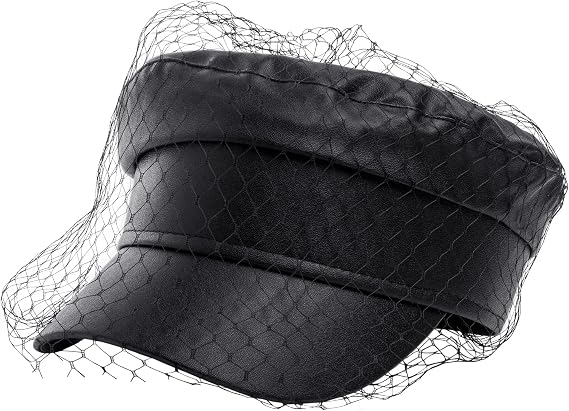 Beret Hats for Women PU Leather Newsboy Fiddler Cap with Veil Casual Baker Boy Captain Hat