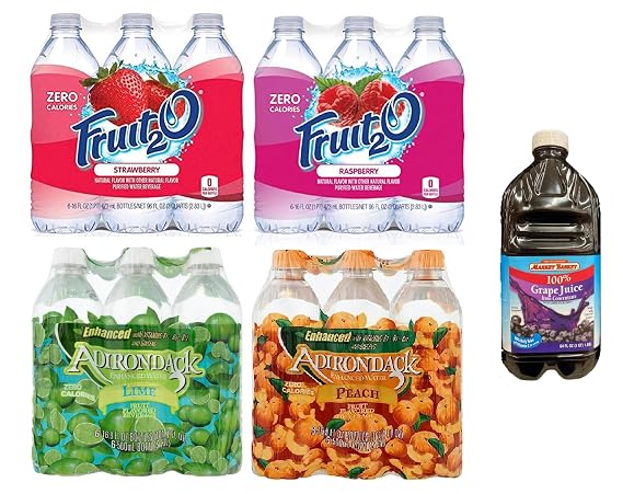 Fruit2O Zero Calorie Flavored Water Strawberry 16.9oz + Fruit2O Zero Calorie Flavored Water Raspberry 16.9oz | Adirondack Enhanced Water Peach Flavored Beverage 16.9 fl oz + Adirondack Enhanced Water Lime Flavored Beverage 16.9 fl oz | Grape Juice 100% Market Basket 64 fl oz