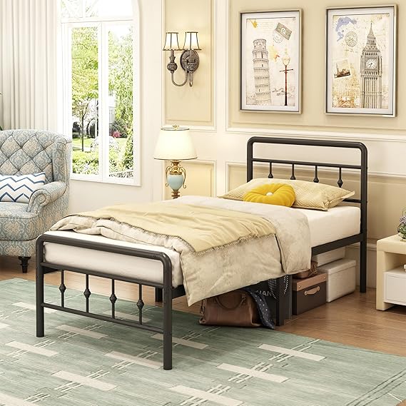 EMODA Single Bed Frame with Victorian Headboard, 90 x 190 cm, Black