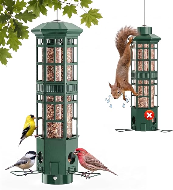 Anti Squirrel Bird Feeder for Outdoors, 4LB Capacity, Olive Green
