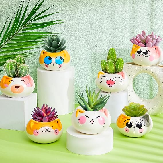 8 Packs Cartoon Cat Shaped Plant Pots Mini Ceramic Cat Planter Cute Succulent Pots with Drainage Hole Tiny Cat Flower Pot Small Animal Planters for Indoor Plants Cat Lover Gifts (Plant Not Included)