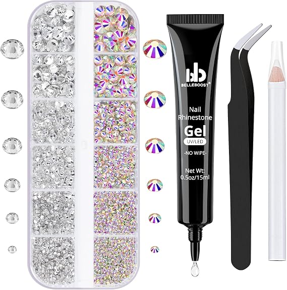 Nail Art Rhinestone Glue Gel&Flatback Gems Accessories Kit, 1 Tube of 15ml Rhinestone Gel Glue(UV/LED Needed)+1 Box of Flat-Back Round Glass Crystal AB&Clear Gemstones with Pickup Pencil and Tweezer