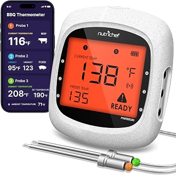 NutriChef Bluetooth Meat Thermometer for Grilling and Smoking, up to 6 Temperature Probes and Smart APP, 400 Ft Range, LCD