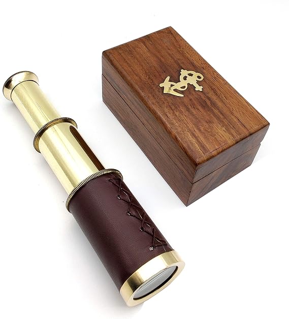 5MoonSun5's Nautical Brass Spyglass Telescope with Compass and Wooden Box, 6" Handheld, Antique Brown Leather Finish, Pirate Navigation