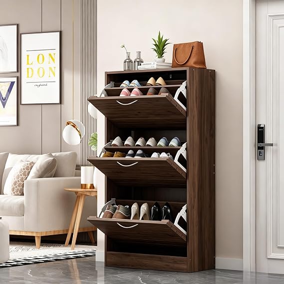 FUFU&GAGA Wood Shoe Cabinet with 3 Flip Drawers for Entryway, Narrow Shoe Storage Cabinet with 3 Flip Drawer, Freestanding 3-Tier Shoe Cabinet, Hidden Shoe Rack Cabinet for Hallway, Deep Brown