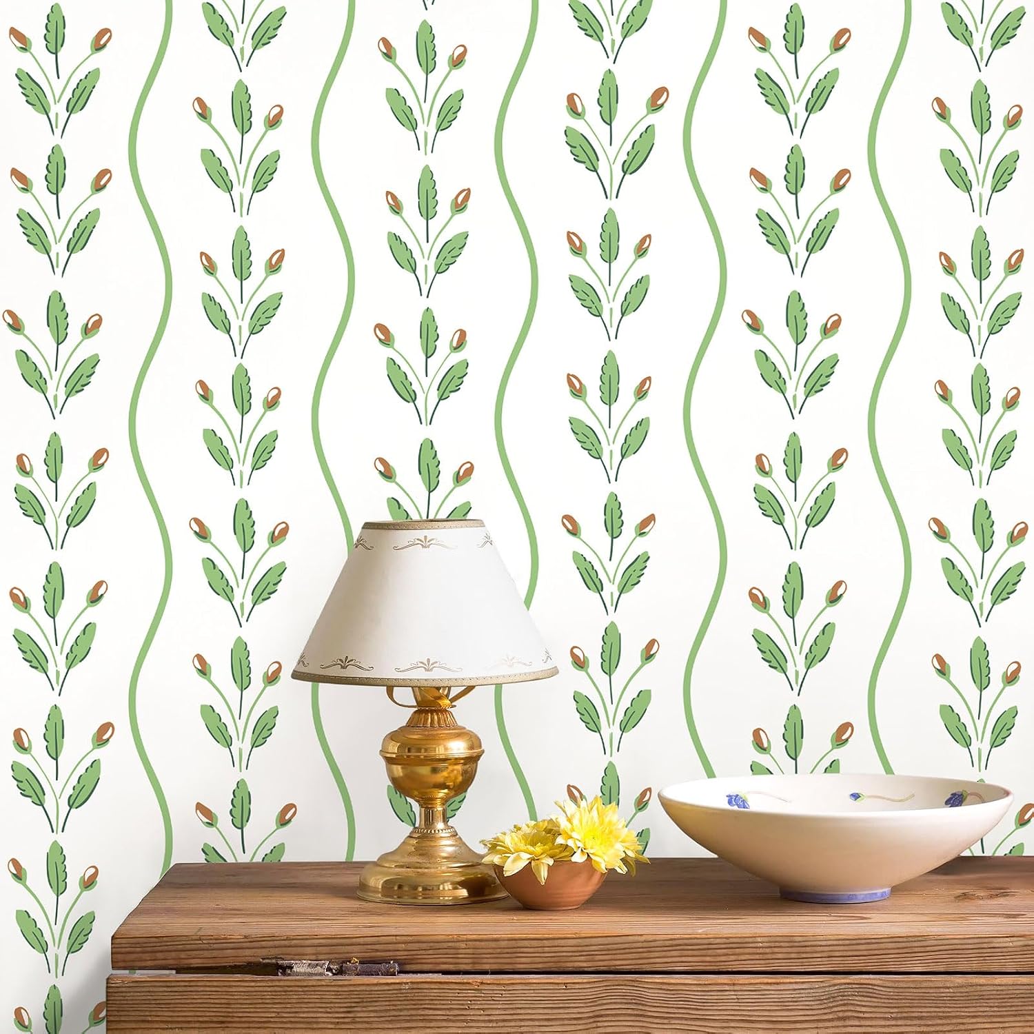 Green Peel and Stick Wallpaper Striped Leaf Modern Wallpaper for Bedroom Bathroom Waterproof Self Adhesive Removable Contact Paper Boho Cute Greenery Contact Paper for Cabinets 17.3inW 78.7inL