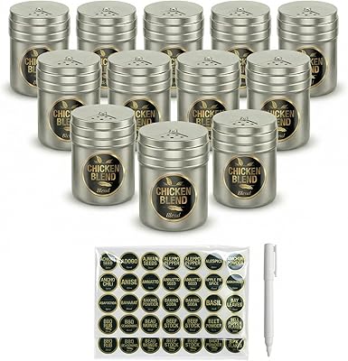 CUSINIUM 12-pack 6oz Metal Seasoning Containers Set with Adjustable Lid -192 Labels  Marker - Spice Jars Organizers Bundle