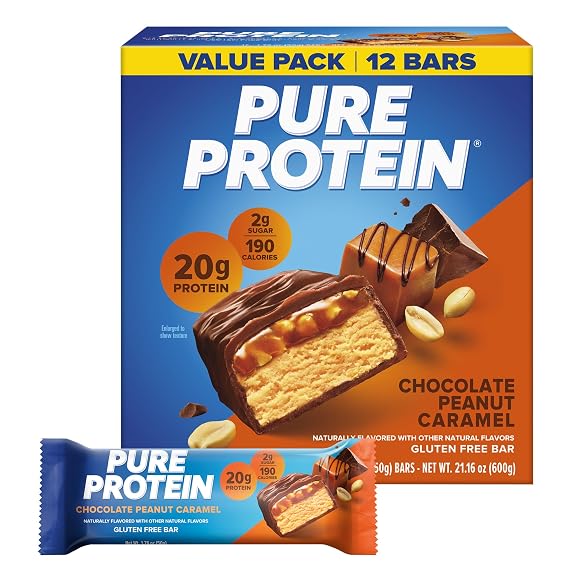 Pure Protein Chocolate Peanut Caramel Protein Bars, 20g Protein, 12 Ct | 3g Sugar, 190 Calories, Low Sugar* High Protein Snack, Gluten Free